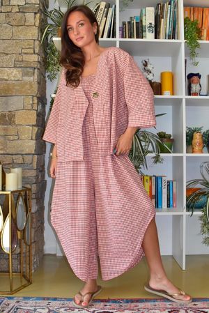 Arbi Gingham Shirring Bandeau Jumpsuit Indian Red